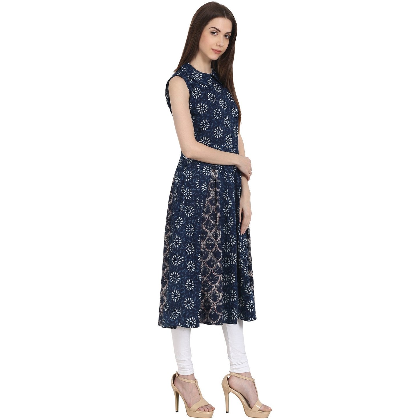 Blue Printed Sleevless A-Line Kurta | LASVINI - Redefining Indian Fashion with Elegance