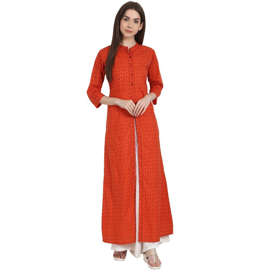 Rust Printed 3/4 Sleeve Rayon Front Open Kurta | LASVINI - Redefining Indian Fashion with Elegance