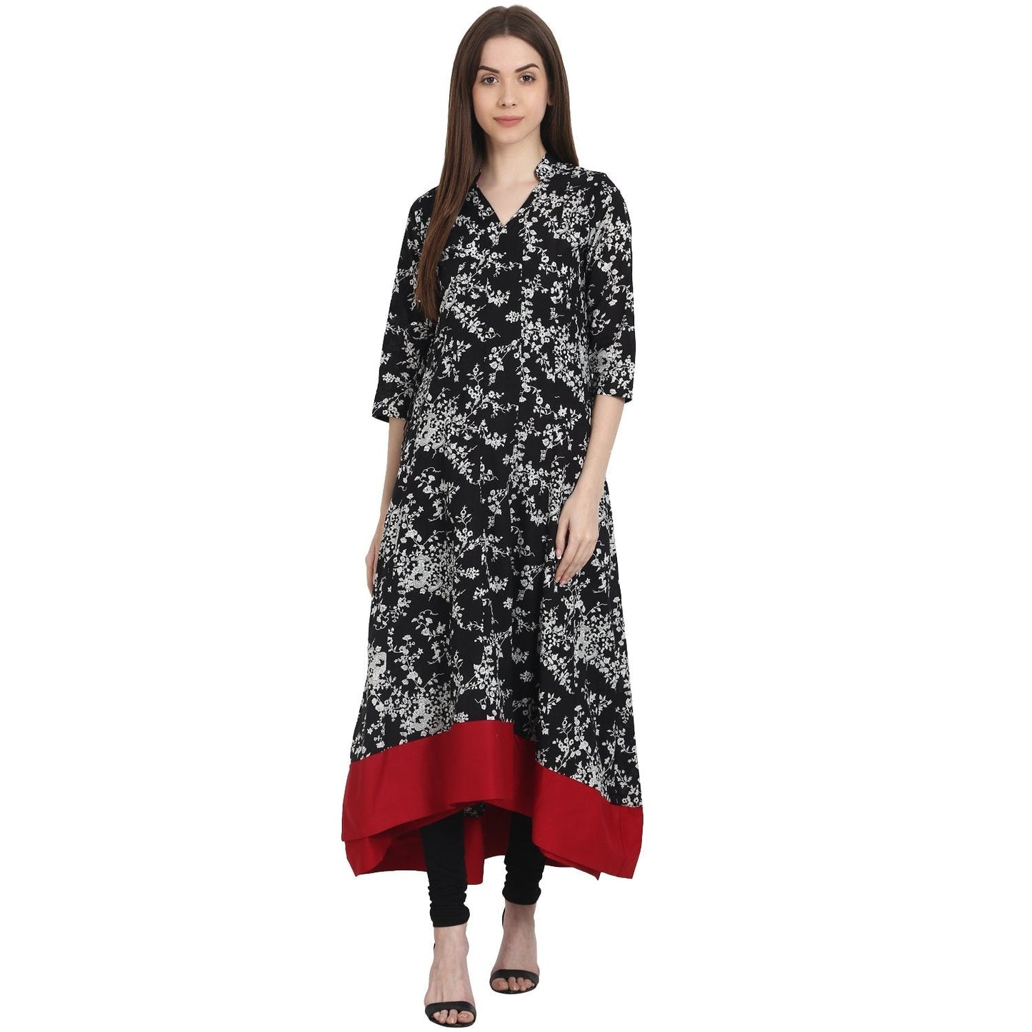 Black Printed 3/4 Sleeve Low High Cotton Anarkali Kurta | LASVINI - Redefining Indian Fashion with Elegance