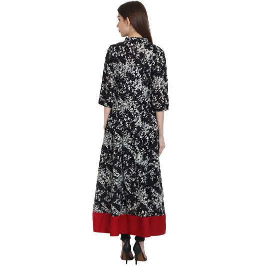 Black Printed 3/4 Sleeve Low High Cotton Anarkali Kurta | LASVINI - Redefining Indian Fashion with Elegance