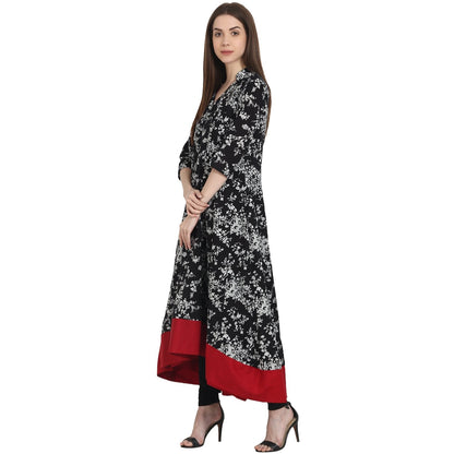 Black Printed 3/4 Sleeve Low High Cotton Anarkali Kurta | LASVINI - Redefining Indian Fashion with Elegance
