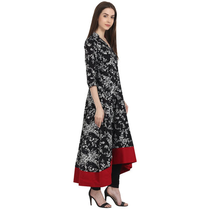 Black Printed 3/4 Sleeve Low High Cotton Anarkali Kurta | LASVINI - Redefining Indian Fashion with Elegance
