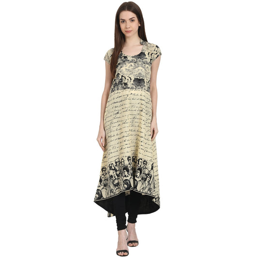 Beige Printed Cap Sleeve Low High Kurta | LASVINI - Redefining Indian Fashion with Elegance