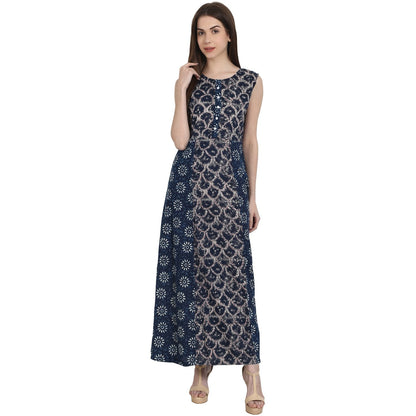 Blue Printed Sleevless Rayon Kurta | LASVINI - Redefining Indian Fashion with Elegance