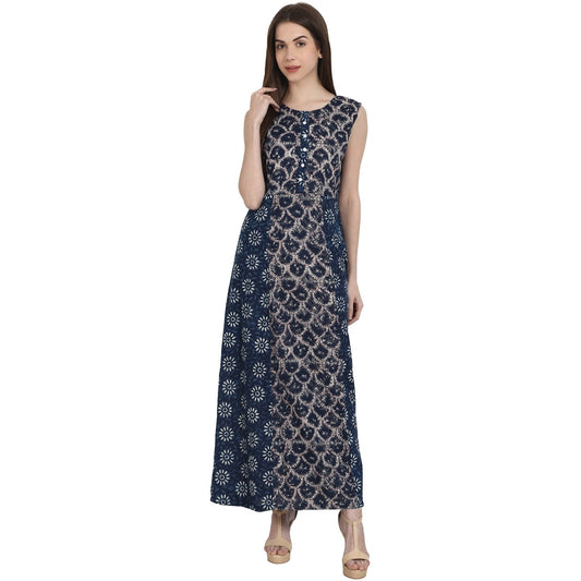 Blue Printed Sleevless Rayon Kurta | LASVINI - Redefining Indian Fashion with Elegance