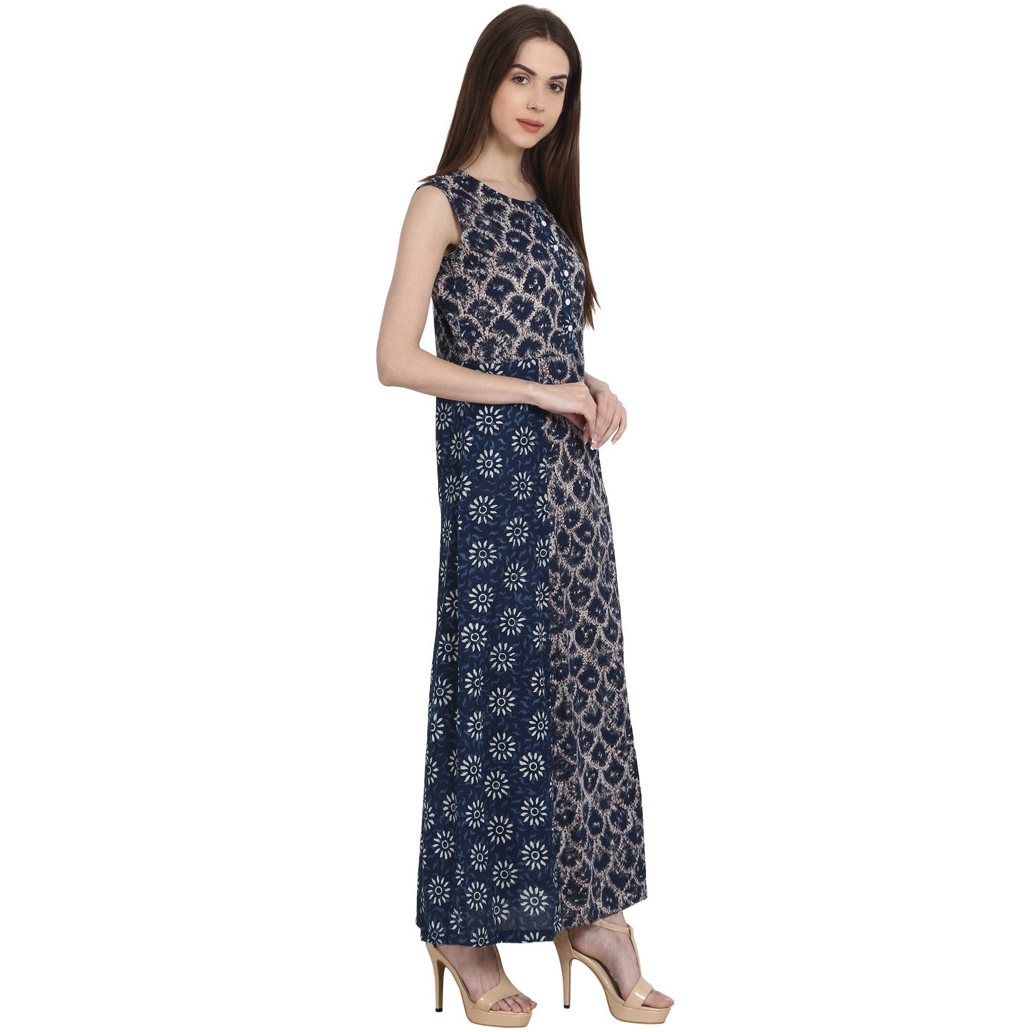 Blue Printed Sleevless Rayon Kurta | LASVINI - Redefining Indian Fashion with Elegance