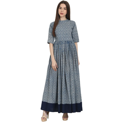 Blue Printed Half Sleeve Cotton Anarkali Kurta | LASVINI - Redefining Indian Fashion with Elegance