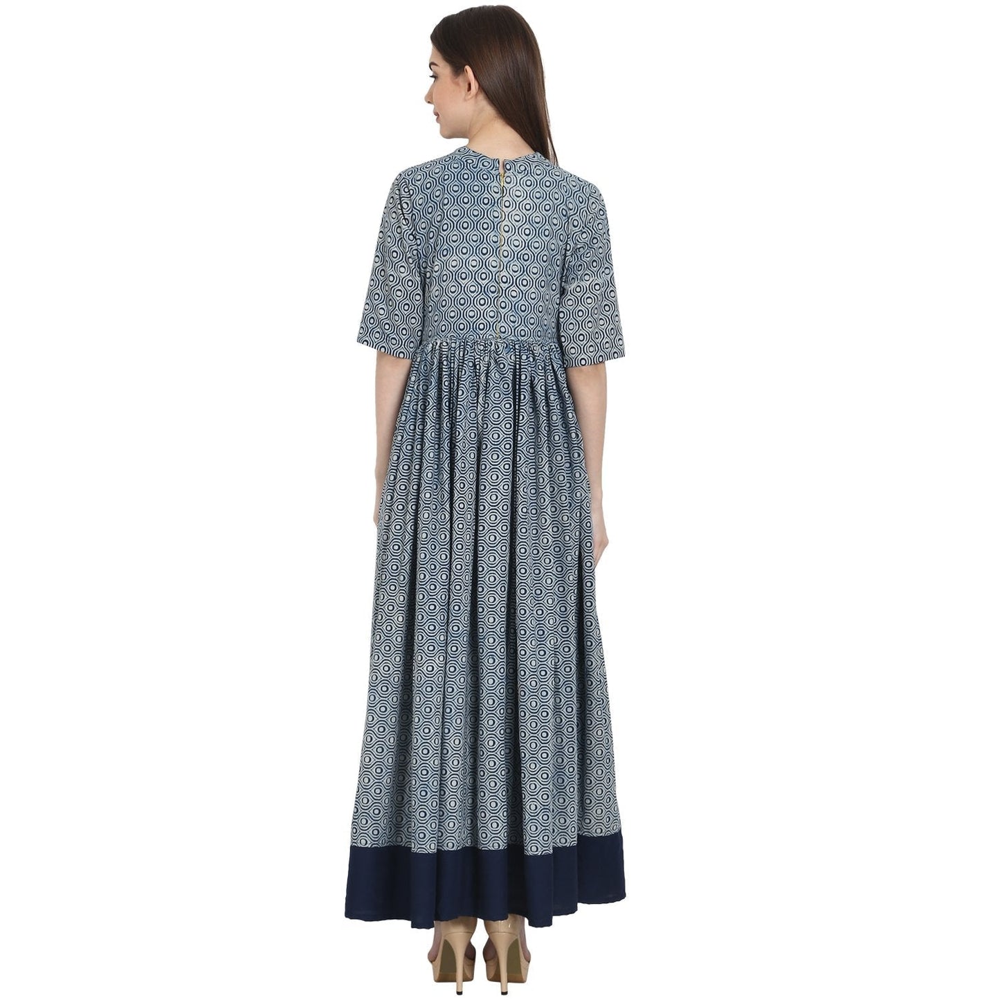 Blue Printed Half Sleeve Cotton Anarkali Kurta | LASVINI - Redefining Indian Fashion with Elegance