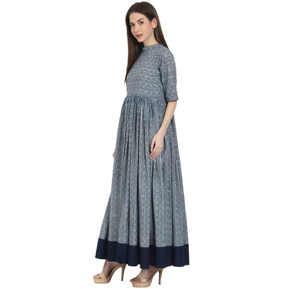 Blue Printed Half Sleeve Cotton Anarkali Kurta | LASVINI - Redefining Indian Fashion with Elegance
