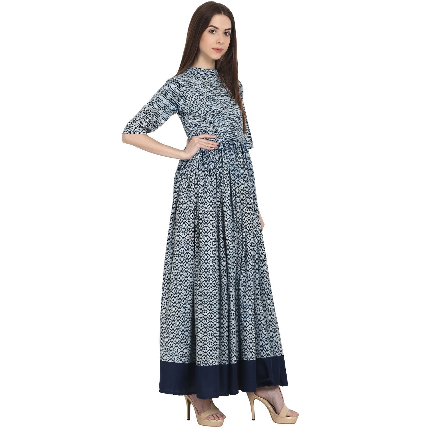 Blue Printed Half Sleeve Cotton Anarkali Kurta | LASVINI - Redefining Indian Fashion with Elegance