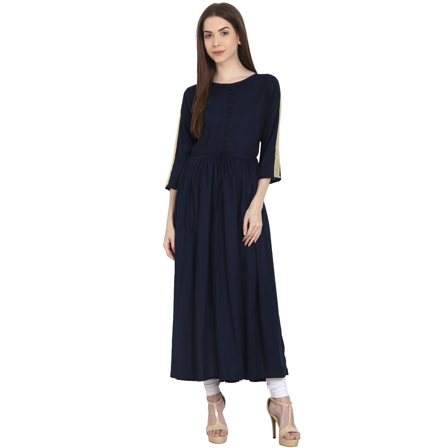 Navy Blue 3/4 Sleeve Cotton Anarkali Kurta | LASVINI - Redefining Indian Fashion with Elegance