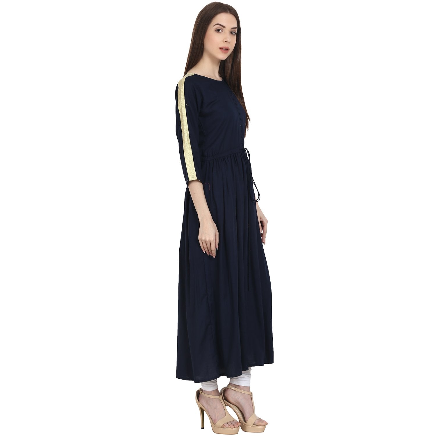 Navy Blue 3/4 Sleeve Cotton Anarkali Kurta | LASVINI - Redefining Indian Fashion with Elegance