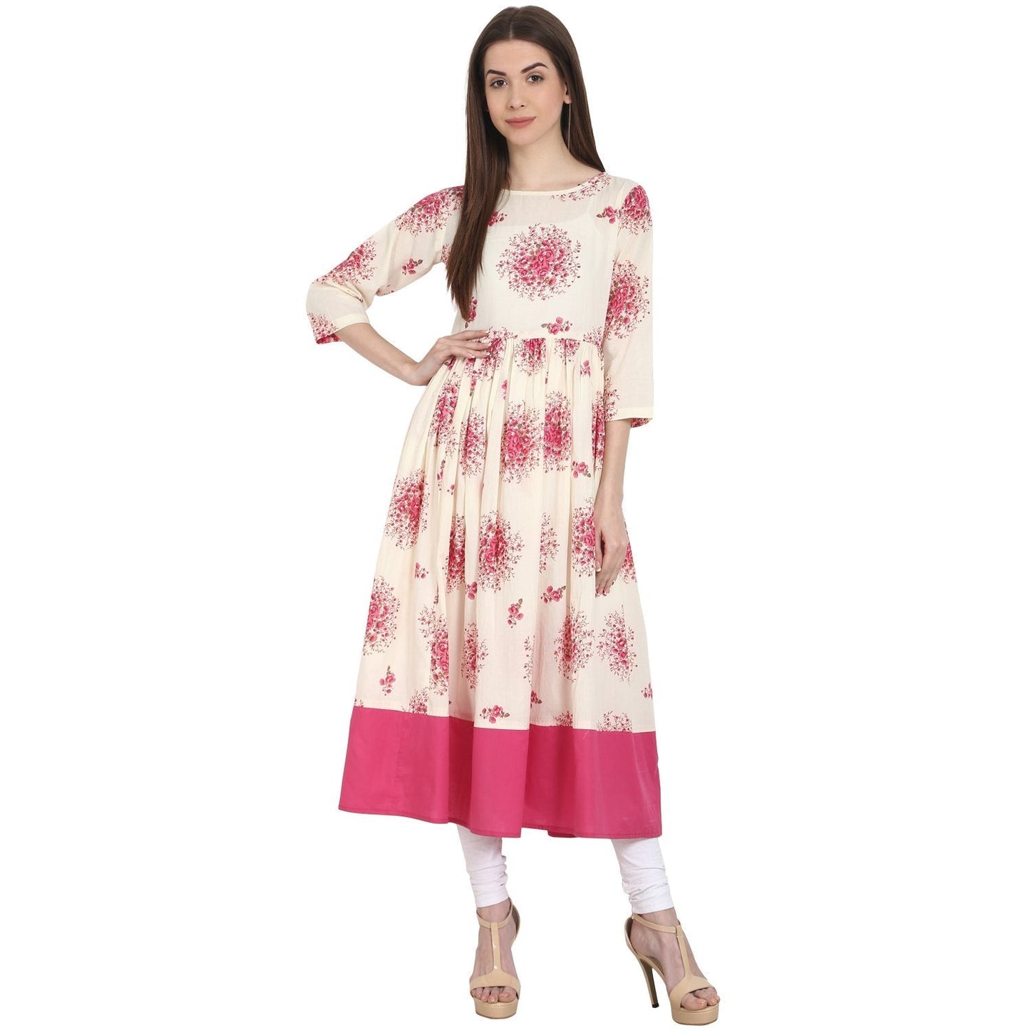 Peach Printed 3/4 Sleeve Cotton Anarkali Kurta | LASVINI - Redefining Indian Fashion with Elegance