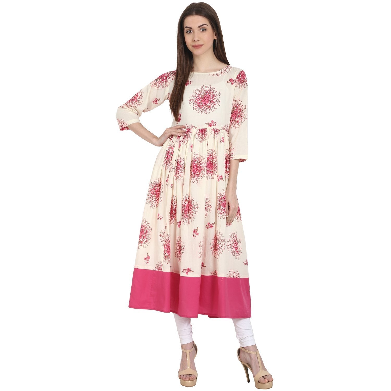 Peach Printed 3/4 Sleeve Cotton Anarkali Kurta | LASVINI - Redefining Indian Fashion with Elegance