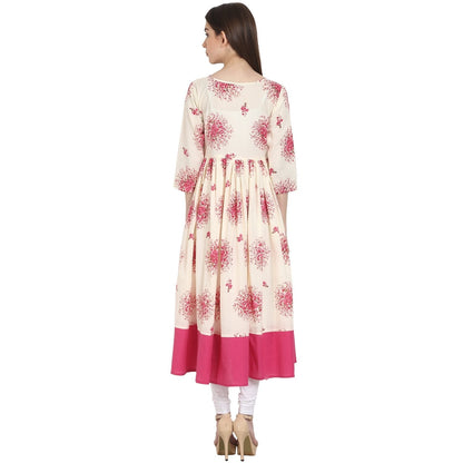 Peach Printed 3/4 Sleeve Cotton Anarkali Kurta | LASVINI - Redefining Indian Fashion with Elegance
