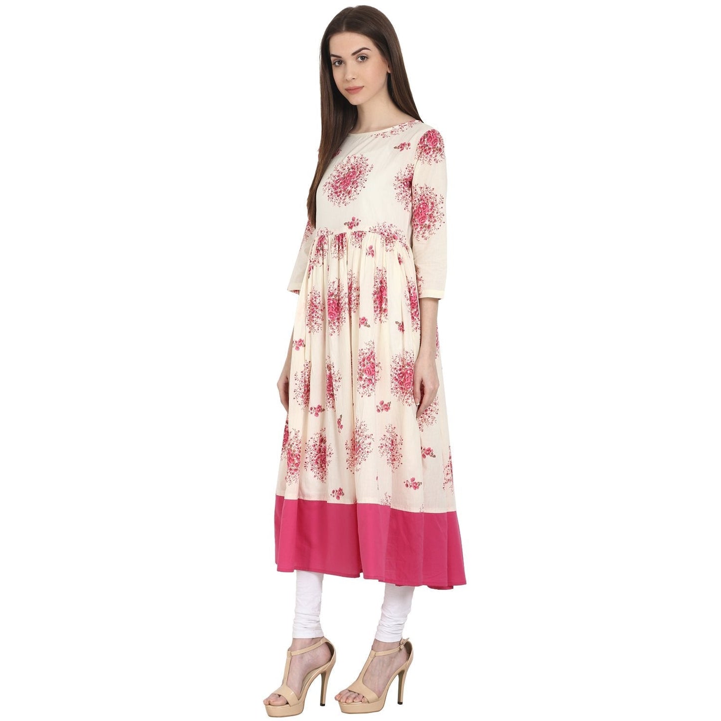 Peach Printed 3/4 Sleeve Cotton Anarkali Kurta | LASVINI - Redefining Indian Fashion with Elegance