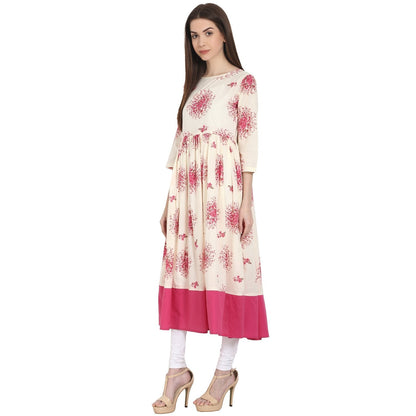 Peach Printed 3/4 Sleeve Cotton Anarkali Kurta | LASVINI - Redefining Indian Fashion with Elegance