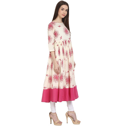 Peach Printed 3/4 Sleeve Cotton Anarkali Kurta | LASVINI - Redefining Indian Fashion with Elegance