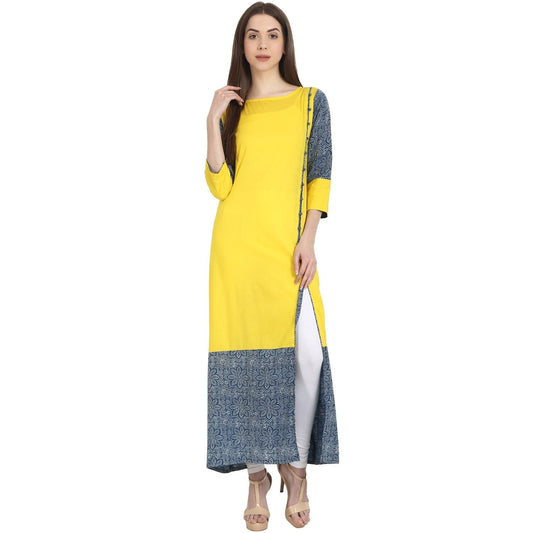 Yellow & Blue 3/4 Sleeve Cotton Long Kurta | LASVINI - Redefining Indian Fashion with Elegance