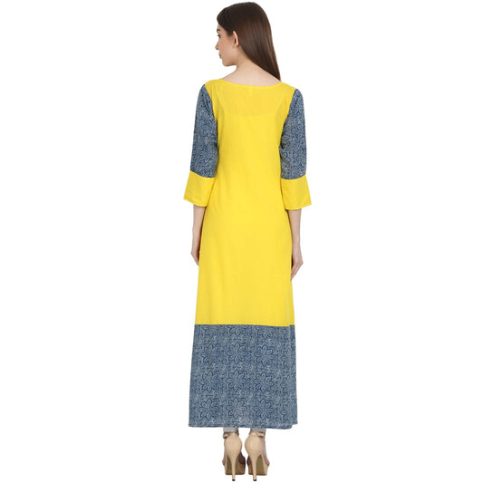 Yellow & Blue 3/4 Sleeve Cotton Long Kurta | LASVINI - Redefining Indian Fashion with Elegance