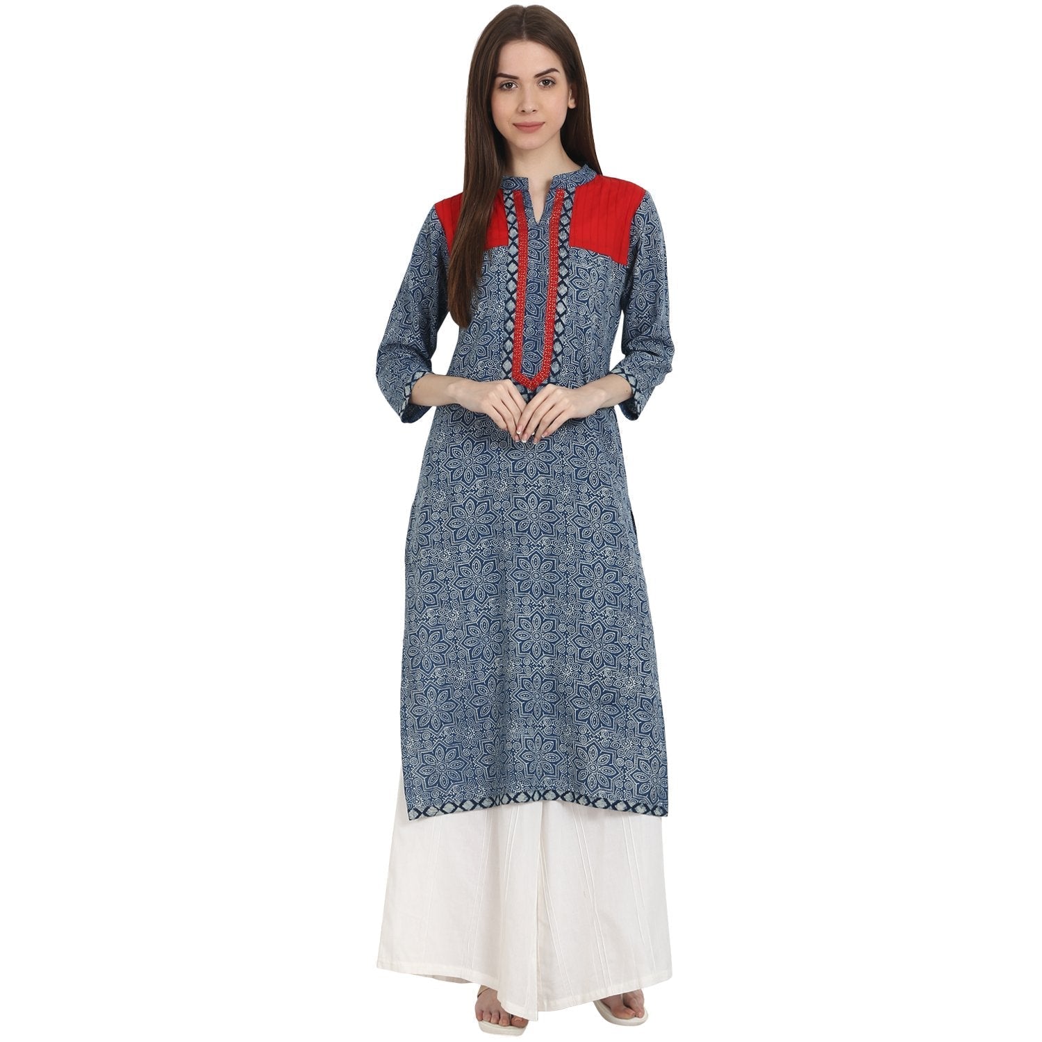 Blue Printed 3/4 Sleeve Cotton Kurta | LASVINI - Redefining Indian Fashion with Elegance