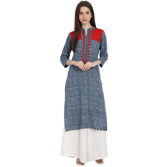 Blue Printed 3/4 Sleeve Cotton Kurta | LASVINI - Redefining Indian Fashion with Elegance