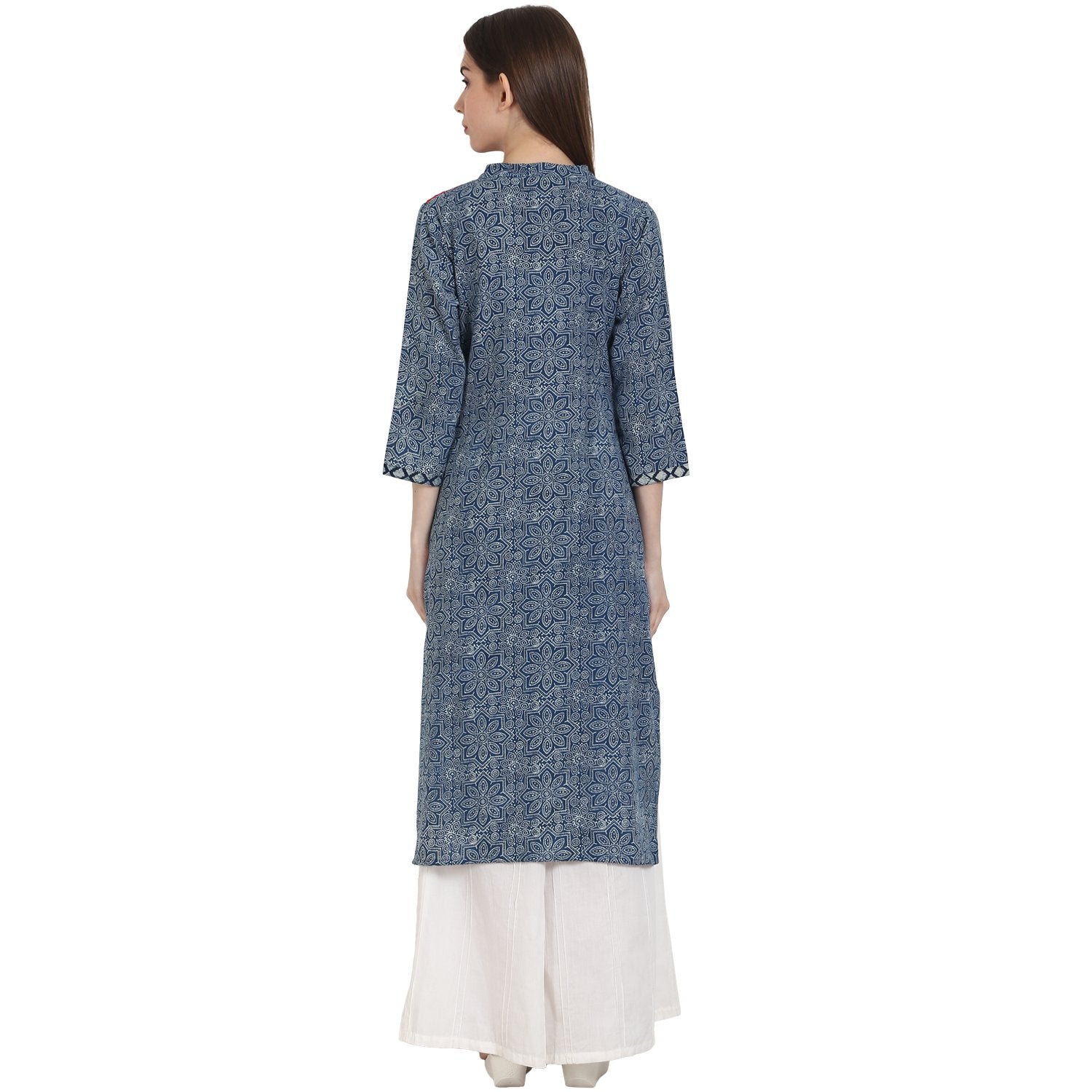 Blue Printed 3/4 Sleeve Cotton Kurta | LASVINI - Redefining Indian Fashion with Elegance