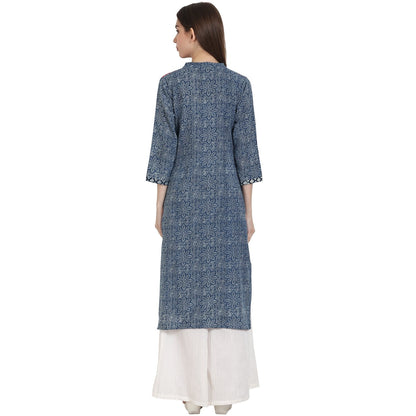 Blue Printed 3/4 Sleeve Cotton Kurta | LASVINI - Redefining Indian Fashion with Elegance