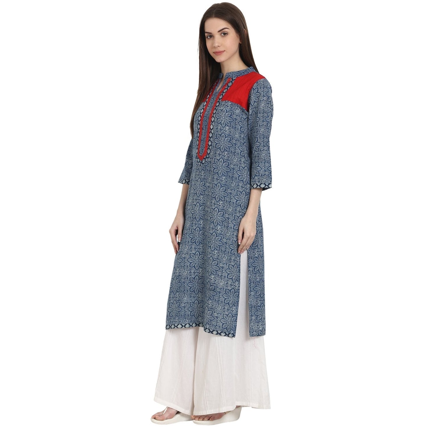 Blue Printed 3/4 Sleeve Cotton Kurta | LASVINI - Redefining Indian Fashion with Elegance