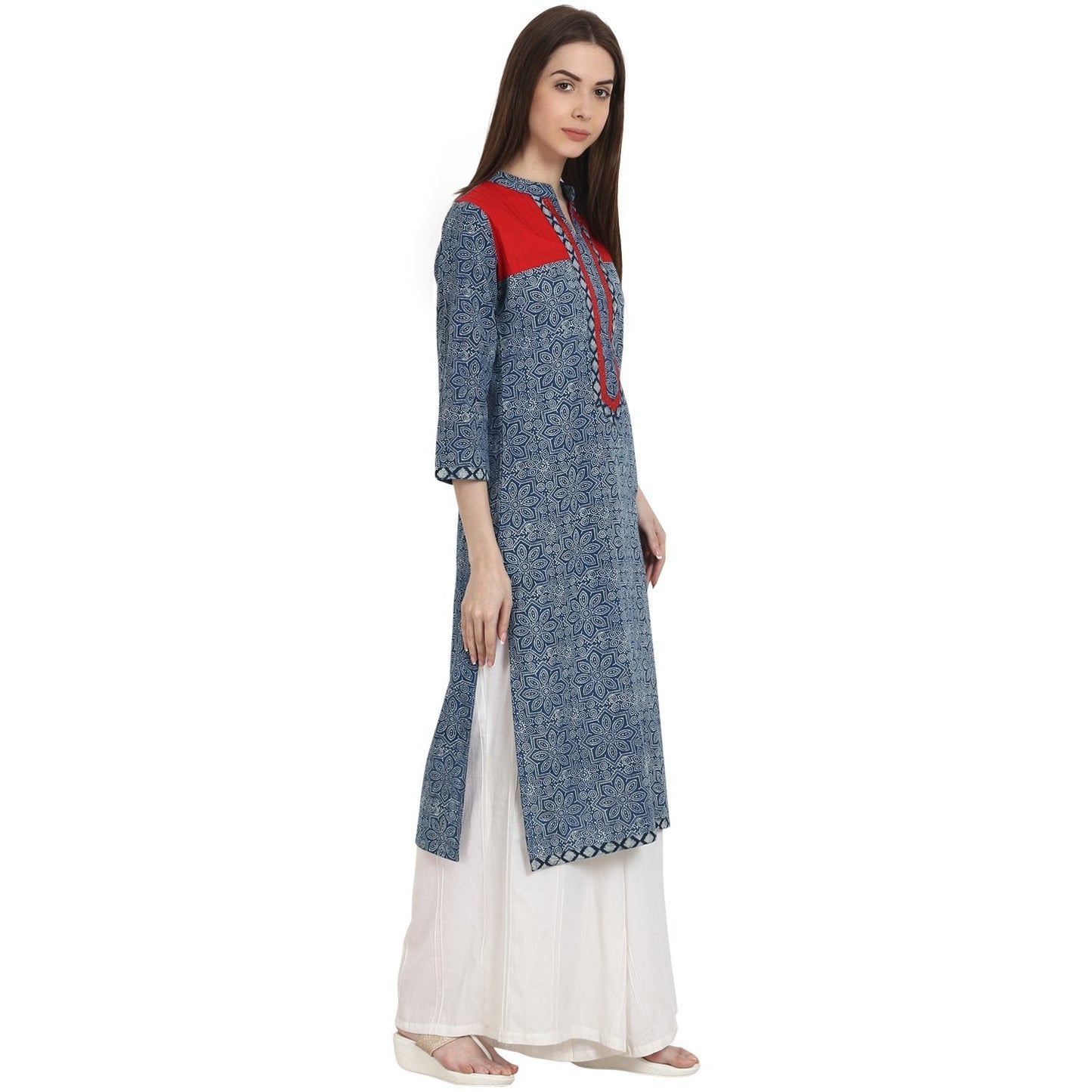 Blue Printed 3/4 Sleeve Cotton Kurta | LASVINI - Redefining Indian Fashion with Elegance