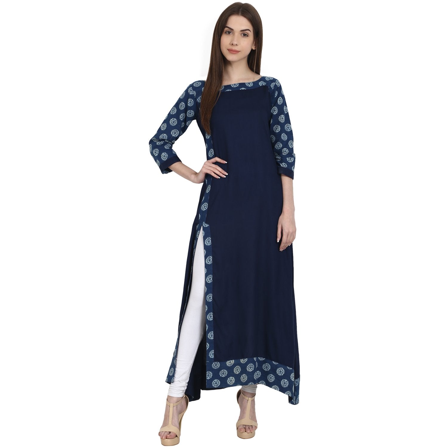 Navy Blue 3/4 Sleeve Cotton Slub Long Kurta | LASVINI - Redefining Indian Fashion with Elegance