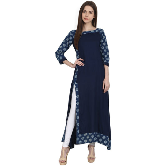 Navy Blue 3/4 Sleeve Cotton Slub Long Kurta | LASVINI - Redefining Indian Fashion with Elegance