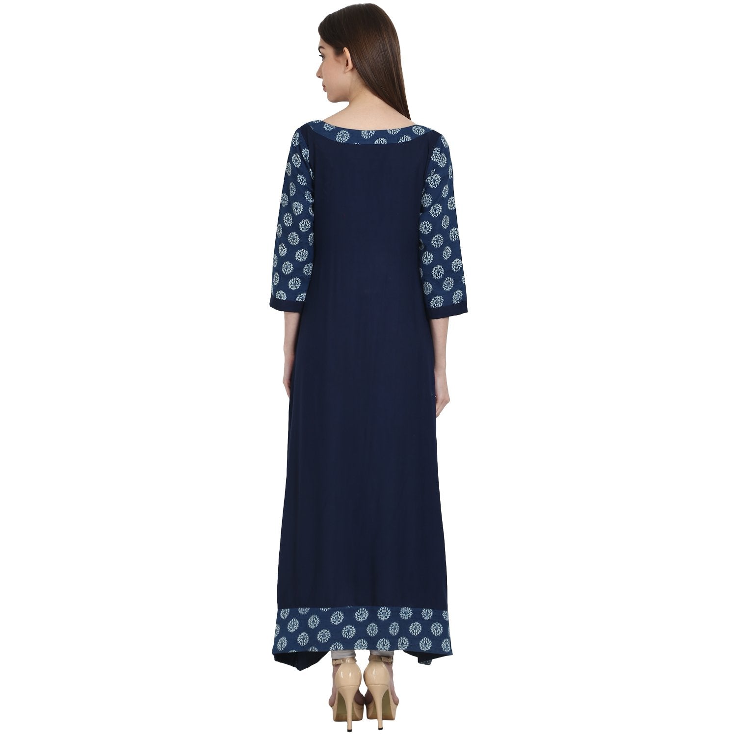 Navy Blue 3/4 Sleeve Cotton Slub Long Kurta | LASVINI - Redefining Indian Fashion with Elegance
