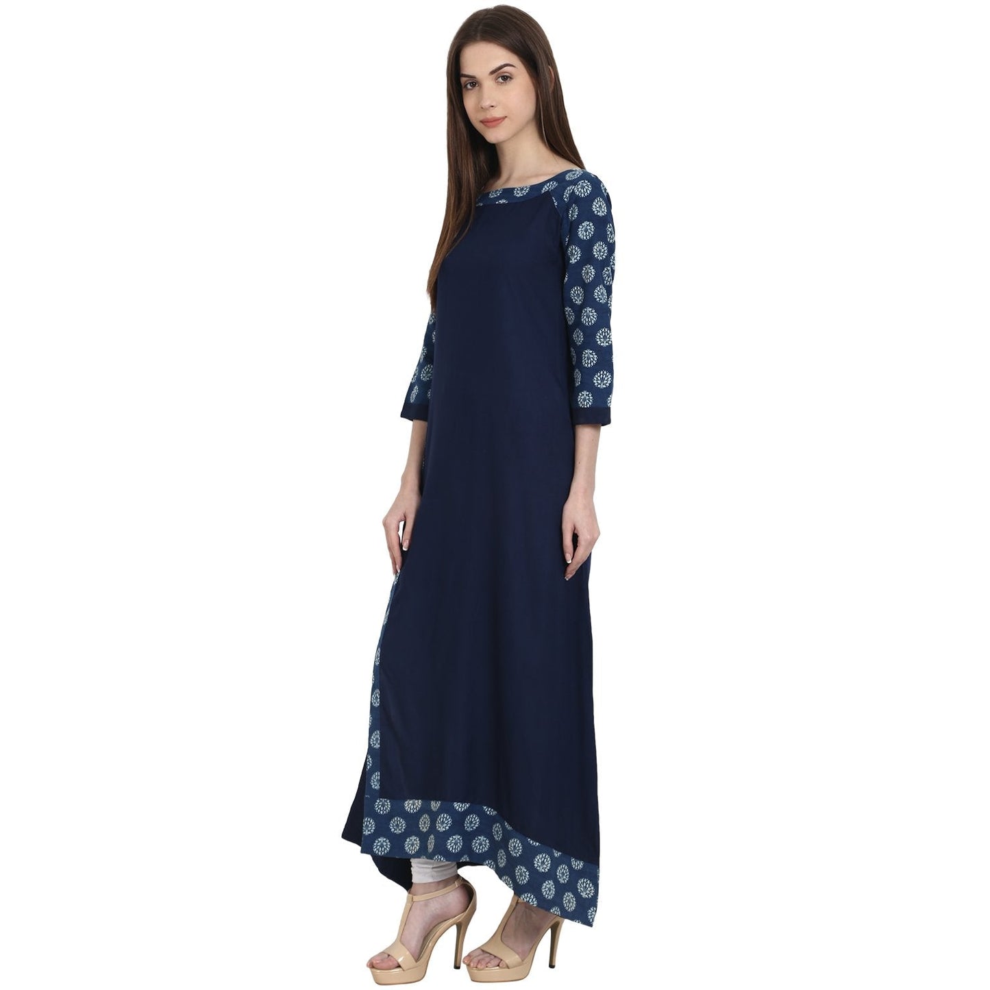 Navy Blue 3/4 Sleeve Cotton Slub Long Kurta | LASVINI - Redefining Indian Fashion with Elegance