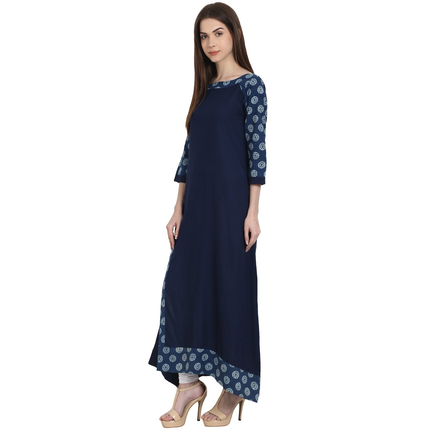 Navy Blue 3/4 Sleeve Cotton Slub Long Kurta | LASVINI - Redefining Indian Fashion with Elegance
