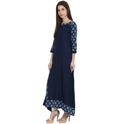 Navy Blue 3/4 Sleeve Cotton Slub Long Kurta | LASVINI - Redefining Indian Fashion with Elegance