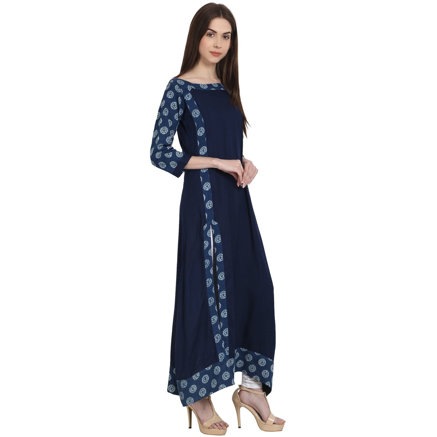 Navy Blue 3/4 Sleeve Cotton Slub Long Kurta | LASVINI - Redefining Indian Fashion with Elegance