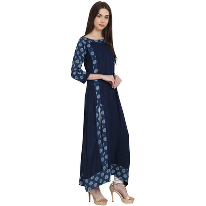 Navy Blue 3/4 Sleeve Cotton Slub Long Kurta | LASVINI - Redefining Indian Fashion with Elegance