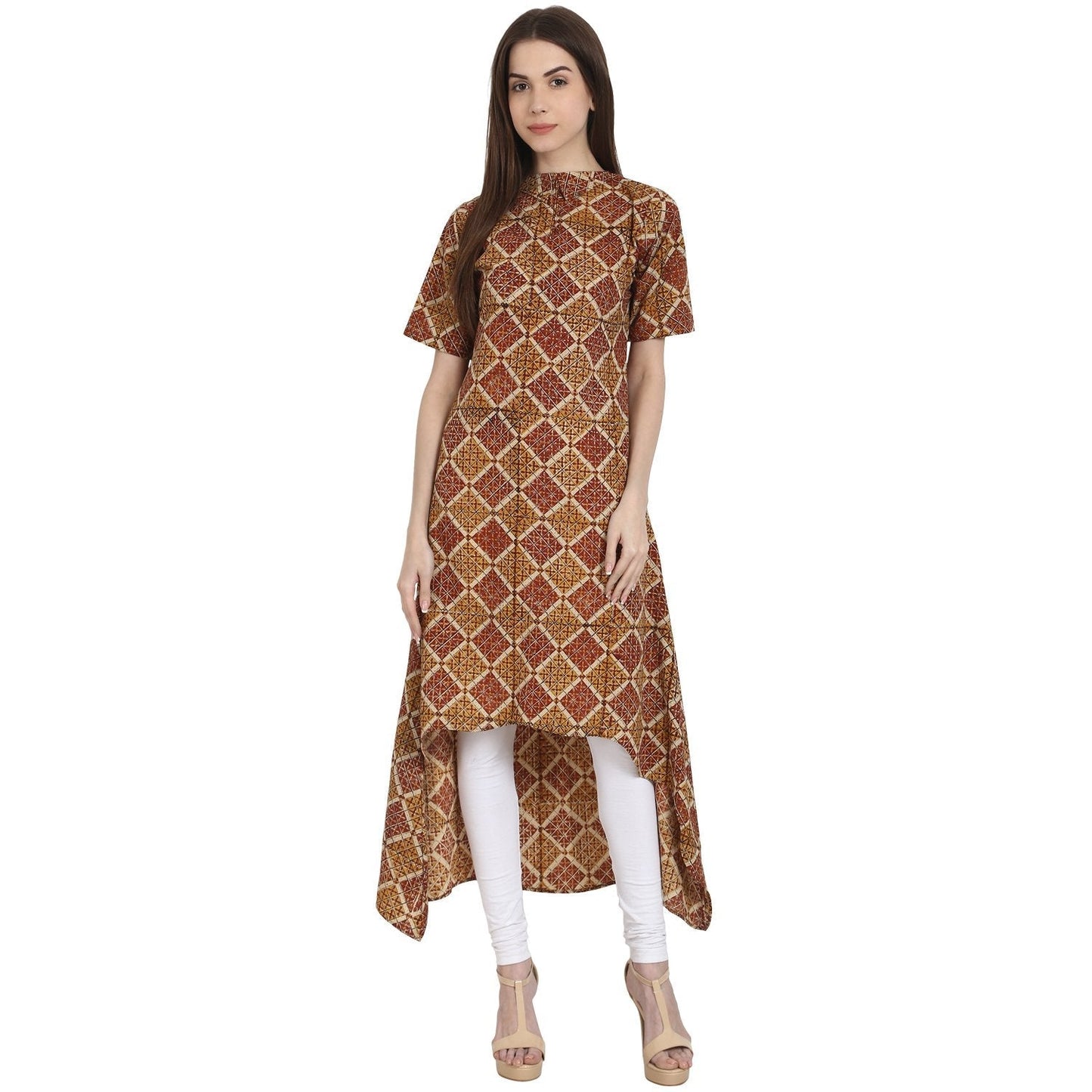 Multi Printed Half Sleeve Low High Cotton Kurta | LASVINI - Redefining Indian Fashion with Elegance