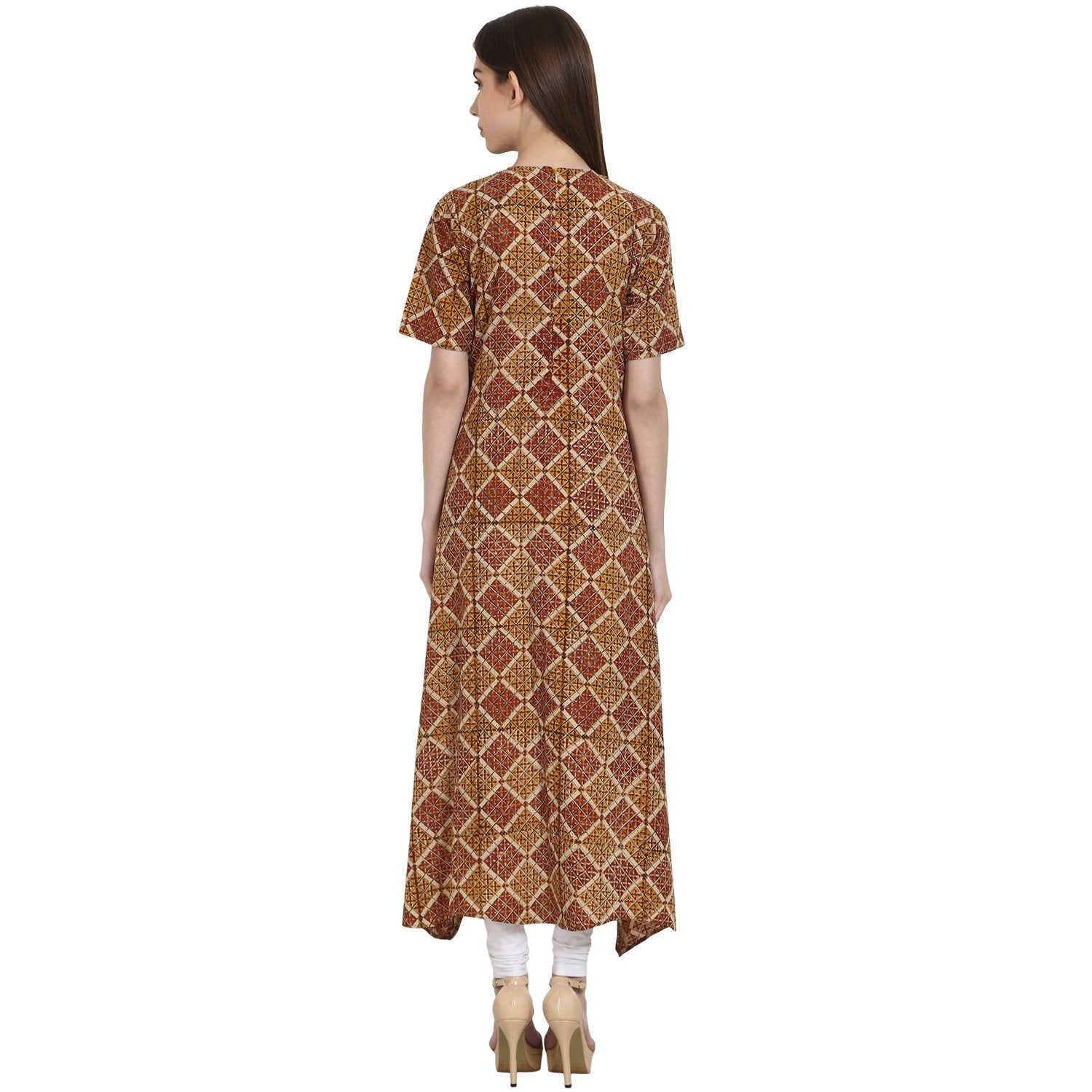 Multi Printed Half Sleeve Low High Cotton Kurta | LASVINI - Redefining Indian Fashion with Elegance