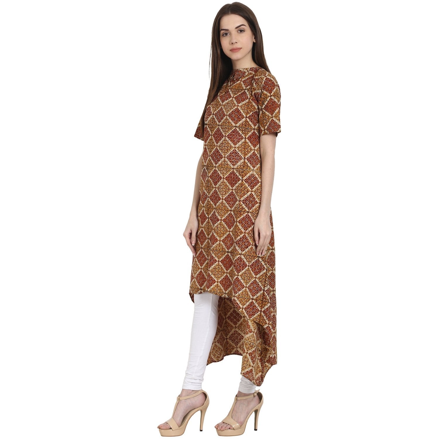 Multi Printed Half Sleeve Low High Cotton Kurta | LASVINI - Redefining Indian Fashion with Elegance