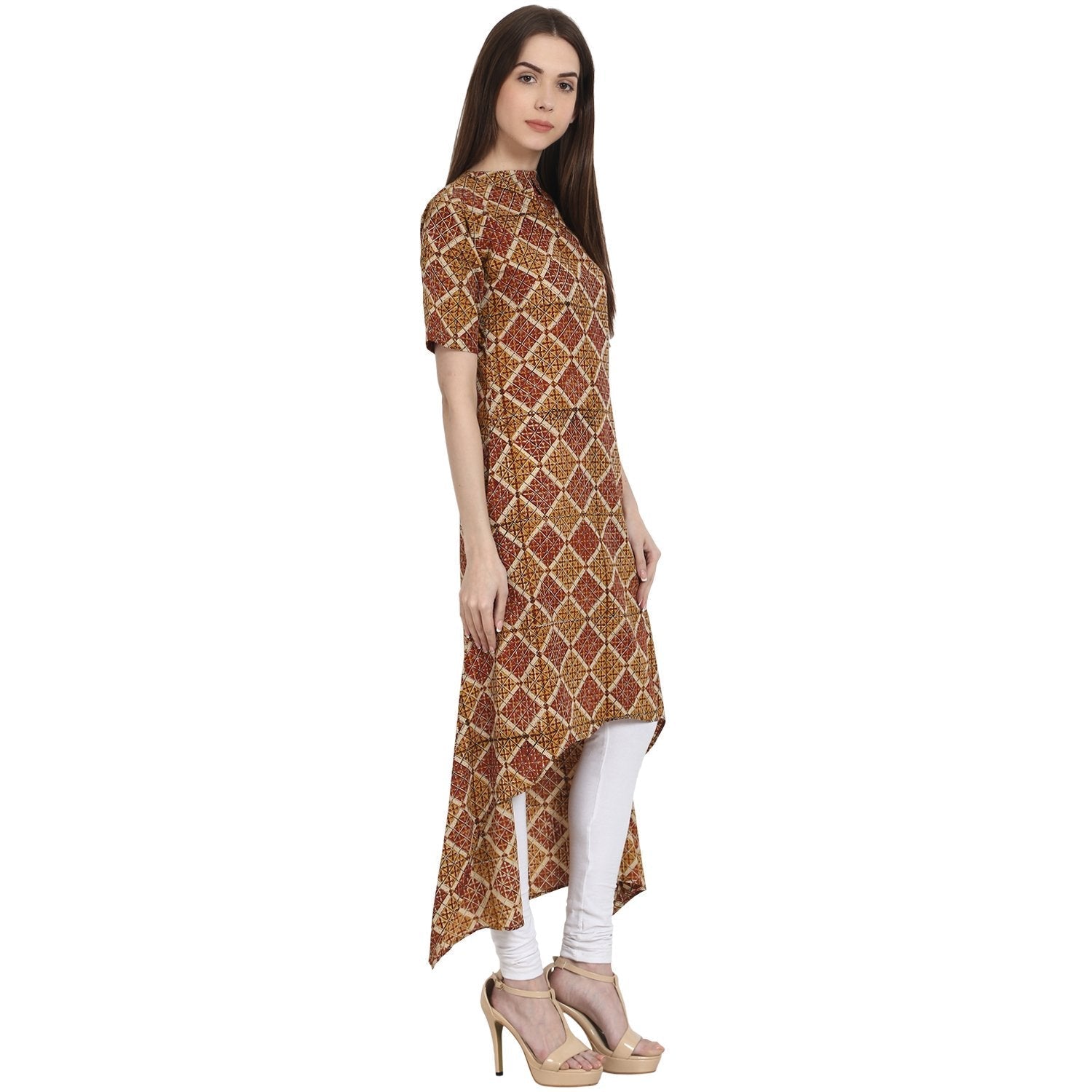 Multi Printed Half Sleeve Low High Cotton Kurta | LASVINI - Redefining Indian Fashion with Elegance