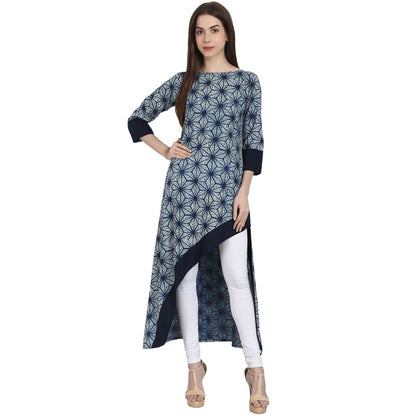 Blue Printed 3/4 Sleeve Assymetrical Cotton Kurta | LASVINI - Redefining Indian Fashion with Elegance
