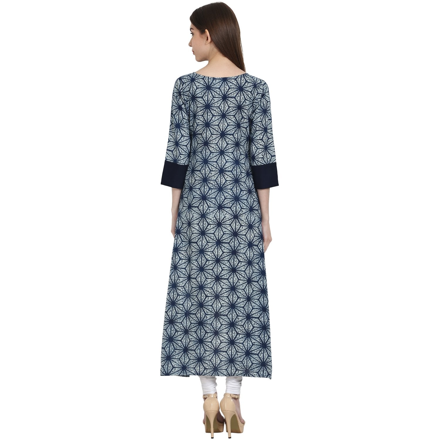 Blue Printed 3/4 Sleeve Assymetrical Cotton Kurta | LASVINI - Redefining Indian Fashion with Elegance