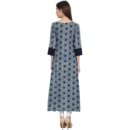 Blue Printed 3/4 Sleeve Assymetrical Cotton Kurta | LASVINI - Redefining Indian Fashion with Elegance