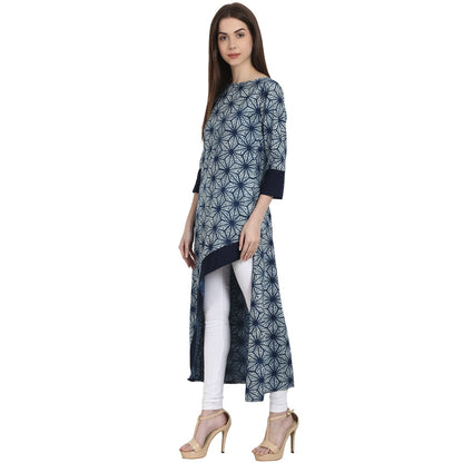 Blue Printed 3/4 Sleeve Assymetrical Cotton Kurta | LASVINI - Redefining Indian Fashion with Elegance