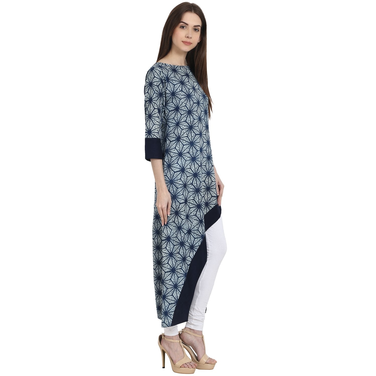 Blue Printed 3/4 Sleeve Assymetrical Cotton Kurta | LASVINI - Redefining Indian Fashion with Elegance
