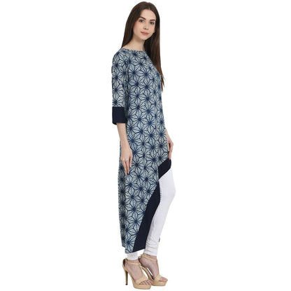 Blue Printed 3/4 Sleeve Assymetrical Cotton Kurta | LASVINI - Redefining Indian Fashion with Elegance