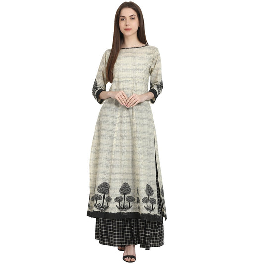 Beige Tree Printed Cotton Kurta With Black Printed Skirt | LASVINI - Redefining Indian Fashion with Elegance