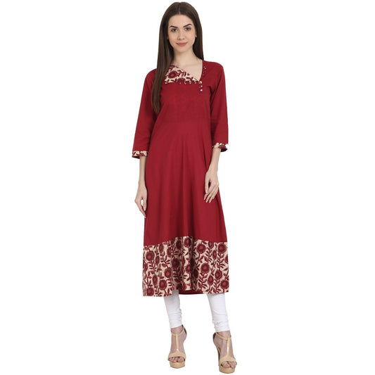 Maroon 3/4 Sleeve Cotton A-Line Kurta | LASVINI - Redefining Indian Fashion with Elegance